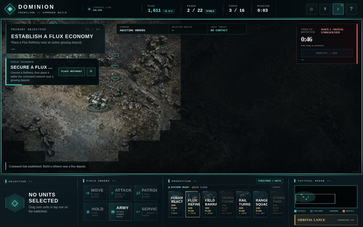 Dominion Frontline battlefield with base structures, production deck, tactical radar, and mission objectives